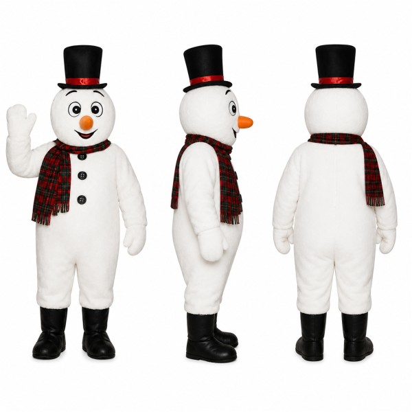 Snowman Mascot Costume in White with Top Hat and Plaid Scarf Adult