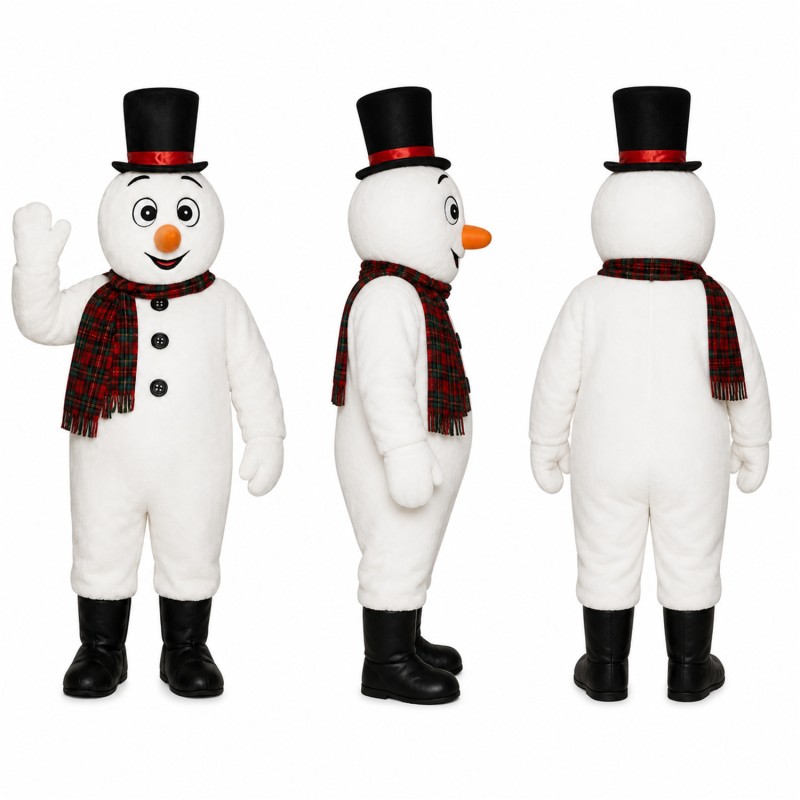 Snowman Mascot Costume in White with Top Hat and Plaid Scarf Adult