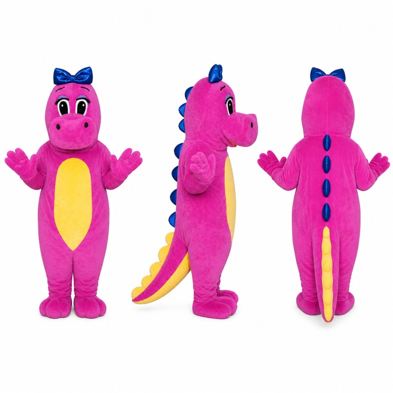 Fantasy Dinosaur Mascot Costume in Pink with Yellow Belly and Purple Bow Adult