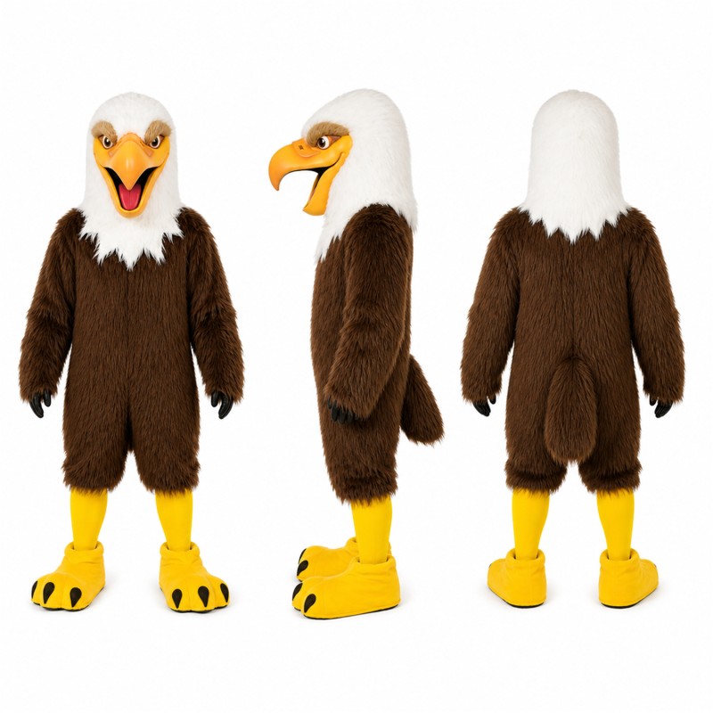 Bald Eagle Mascot Costume in Brown and White with Yellow Feet Adult
