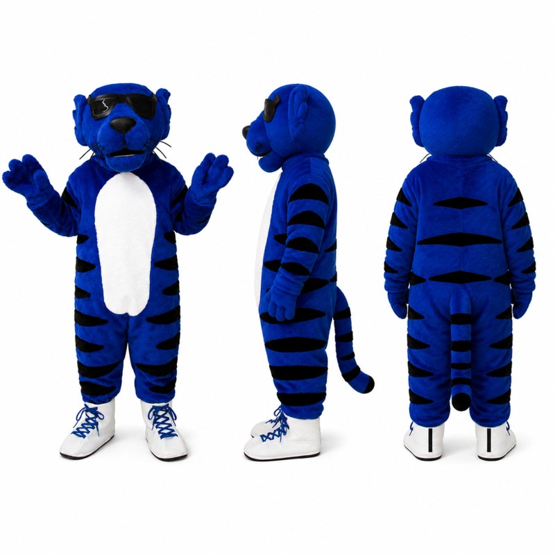 Tiger Mascot Costume in Blue and Black with Sunglasses Adult