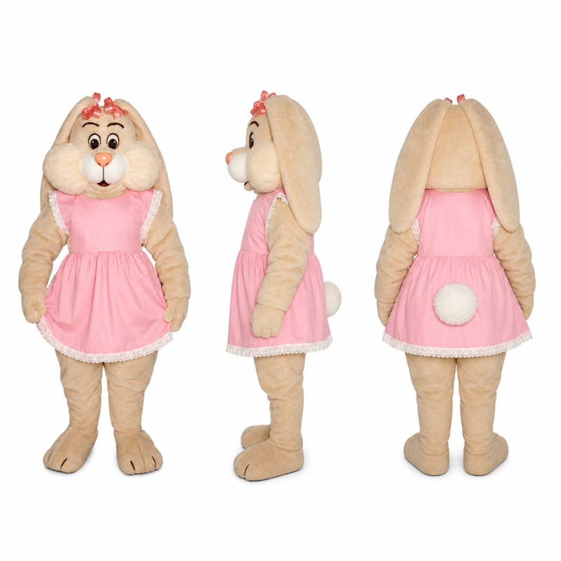 Rabbit Mascot Costume in Tan with Pink Dress Adult