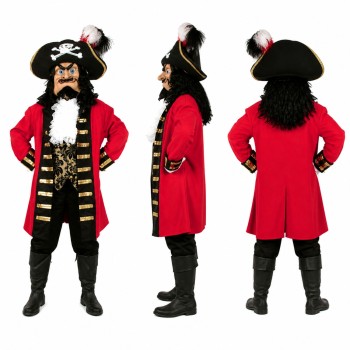 Pirate Captain Mascot Costume in Red and Black with Feathered Hat Adult