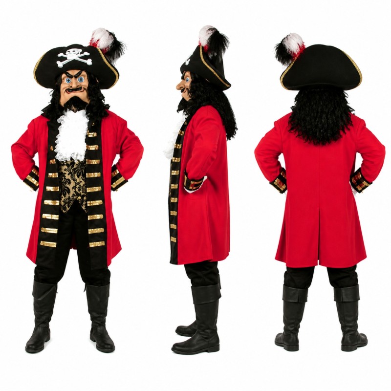 Pirate Captain Mascot Costume in Red and Black with Feathered Hat Adult