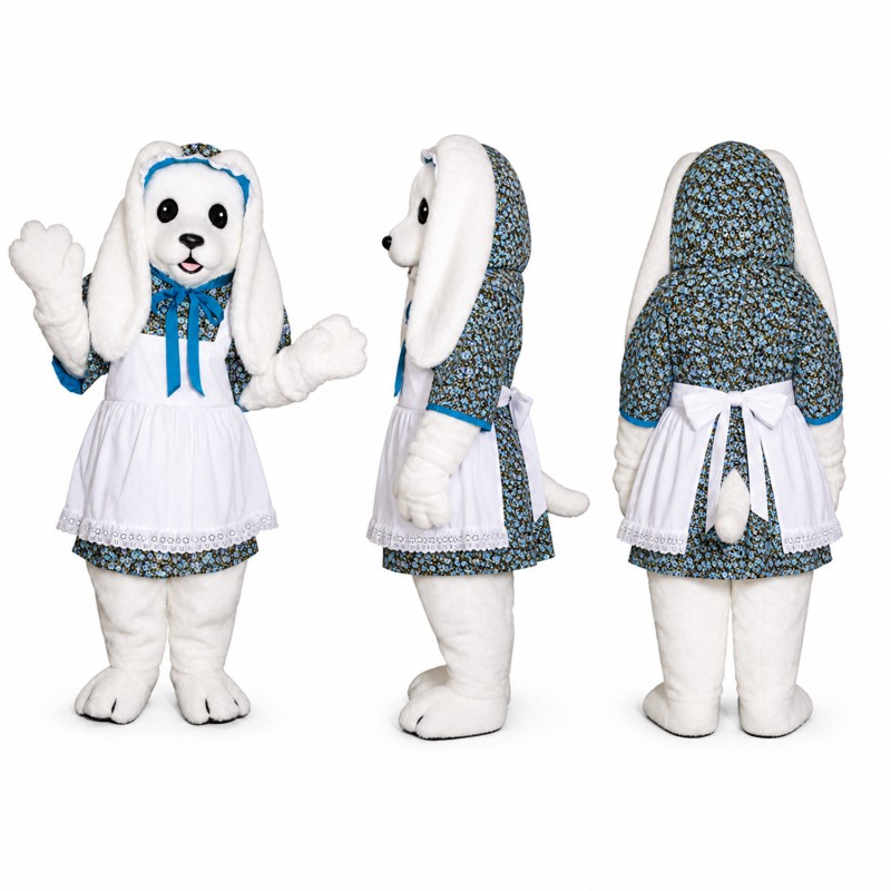 Rabbit Mascot Costume in White with Blue Winter Outfit Adult