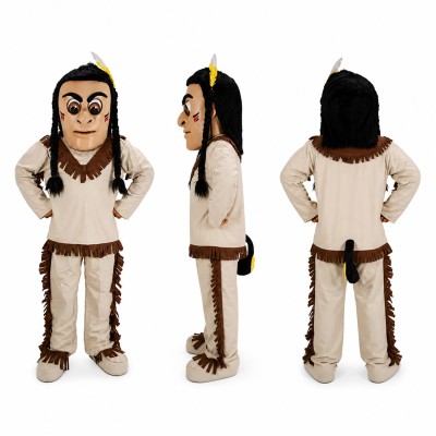 Tribal Warrior Mascot Costume in Beige with Feather Headband Adult