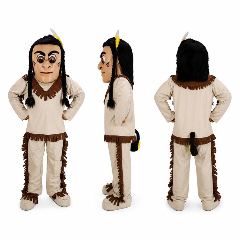 Tribal Warrior Mascot Costume in Beige with Feather Headband Adult