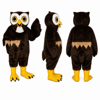 Owl Mascot Costume in Brown and White with Yellow Eyes Adult