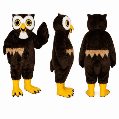 Owl Mascot Costume in Brown and White with Yellow Eyes Adult
