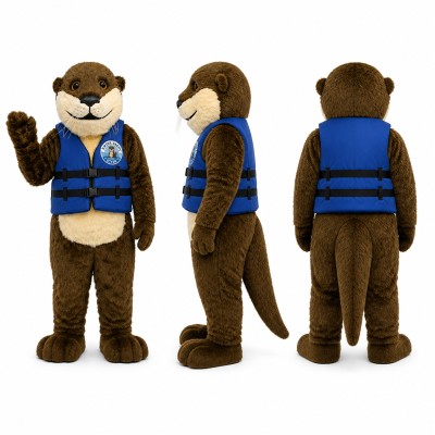 Police Otter Mascot Costume in Brown with Blue Safety Vest Adult