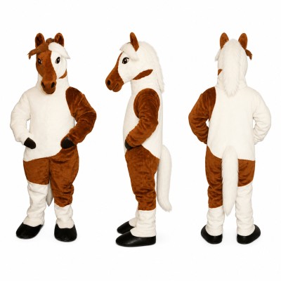 Horse Mascot Costume in Brown and White Patchwork Fur Adult