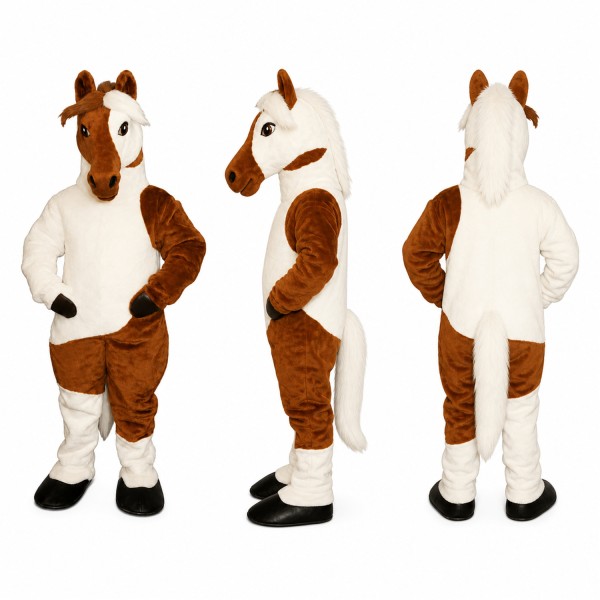 Horse Mascot Costume in Brown and White Patchwork Fur Adult