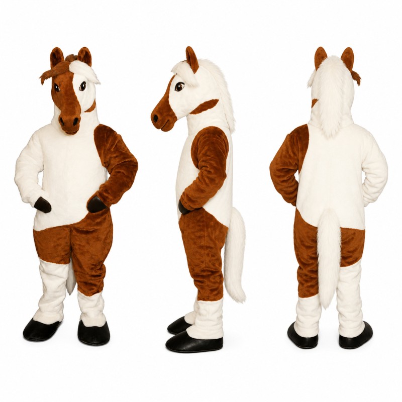 Horse Mascot Costume in Brown and White Patchwork Fur Adult