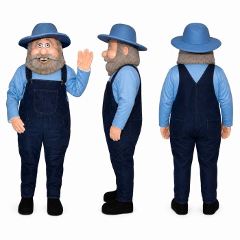 Farmer Mascot Costume in Blue Overalls with Wide Brim Hat Adult
