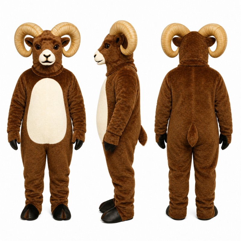 Ram Mascot Costume in Brown with Curled Horns Adult
