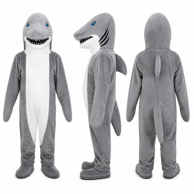 Shark Mascot Costume in Gray and White with Toothy Grin Adult