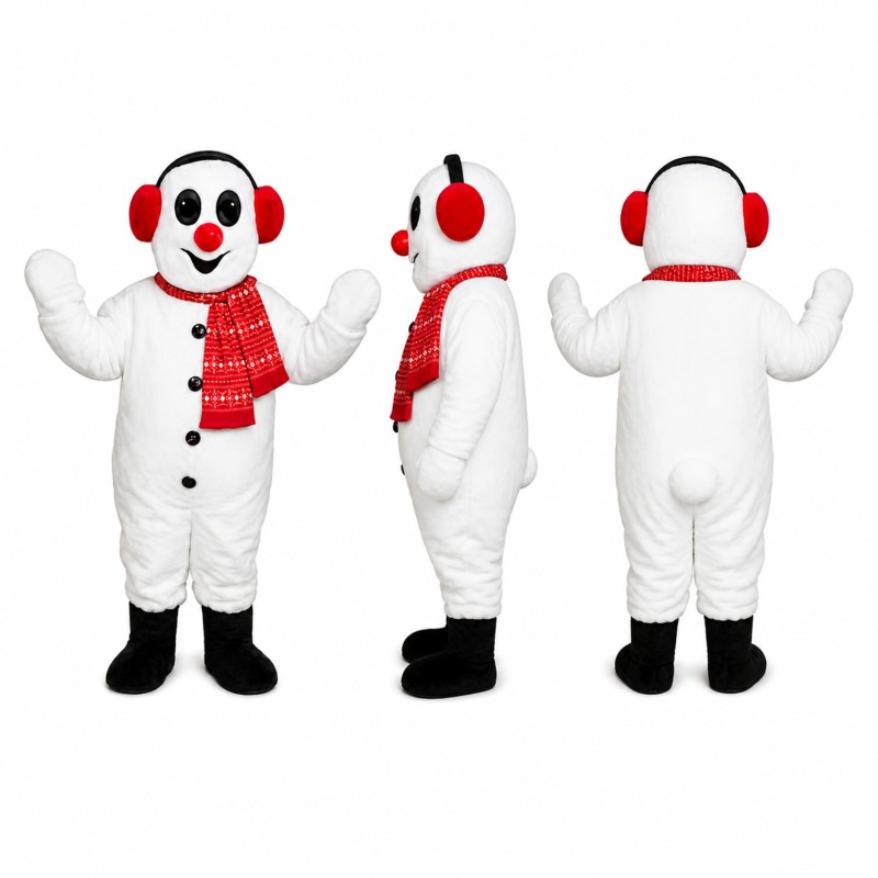 Snowman Mascot Costume in White with Red Plaid Scarf Adult