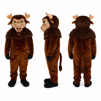 Bison Mascot Costume in Brown with Curved Horns Adult