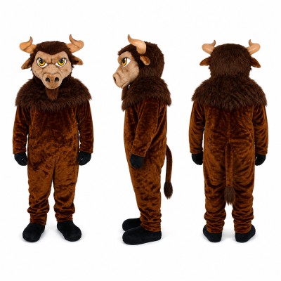 Bison Mascot Costume in Brown with Curved Horns Adult