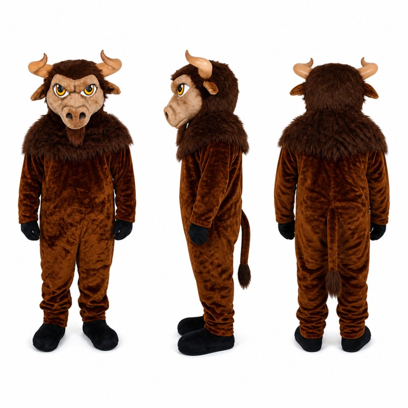 Bison Mascot Costume in Brown with Curved Horns Adult