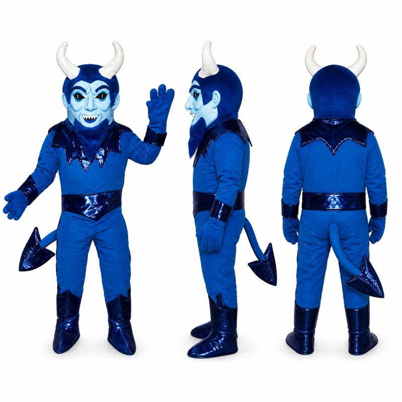 Fantasy Warrior Mascot Costume in Blue with Horns and Tail Adult