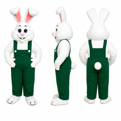 Rabbit Mascot Costume in White with Green Overalls Adult