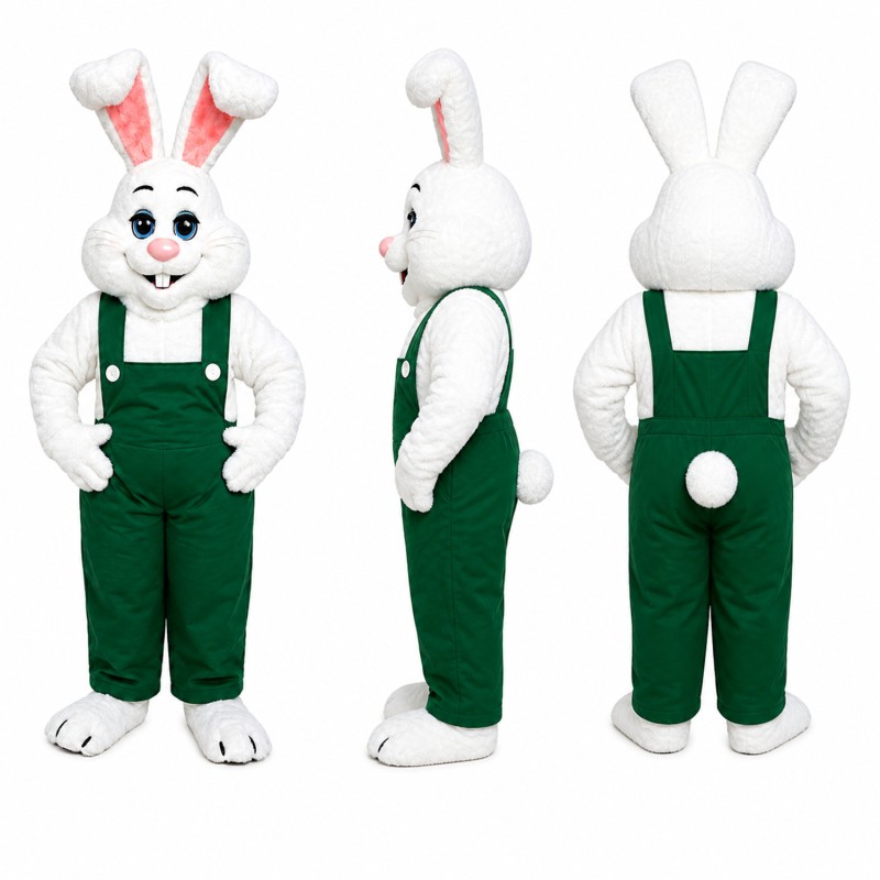 Rabbit Mascot Costume in White with Green Overalls Adult