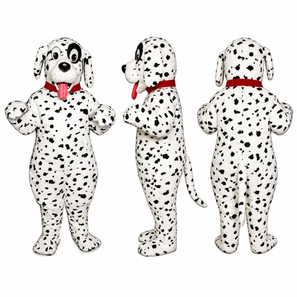 Dalmatian Dog Mascot Costume in White with Black Spots and Red Bow Adult