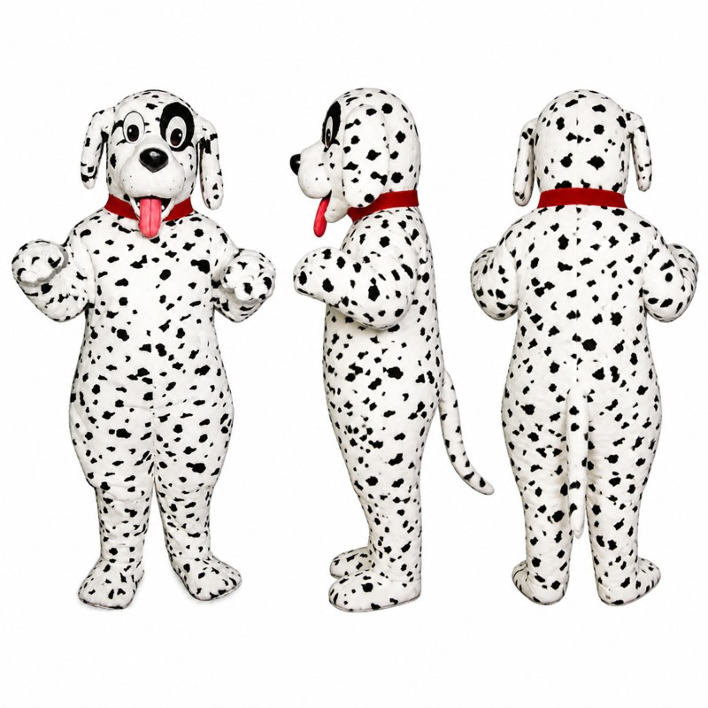 Dalmatian Dog Mascot Costume in White with Black Spots and Red Bow Adult