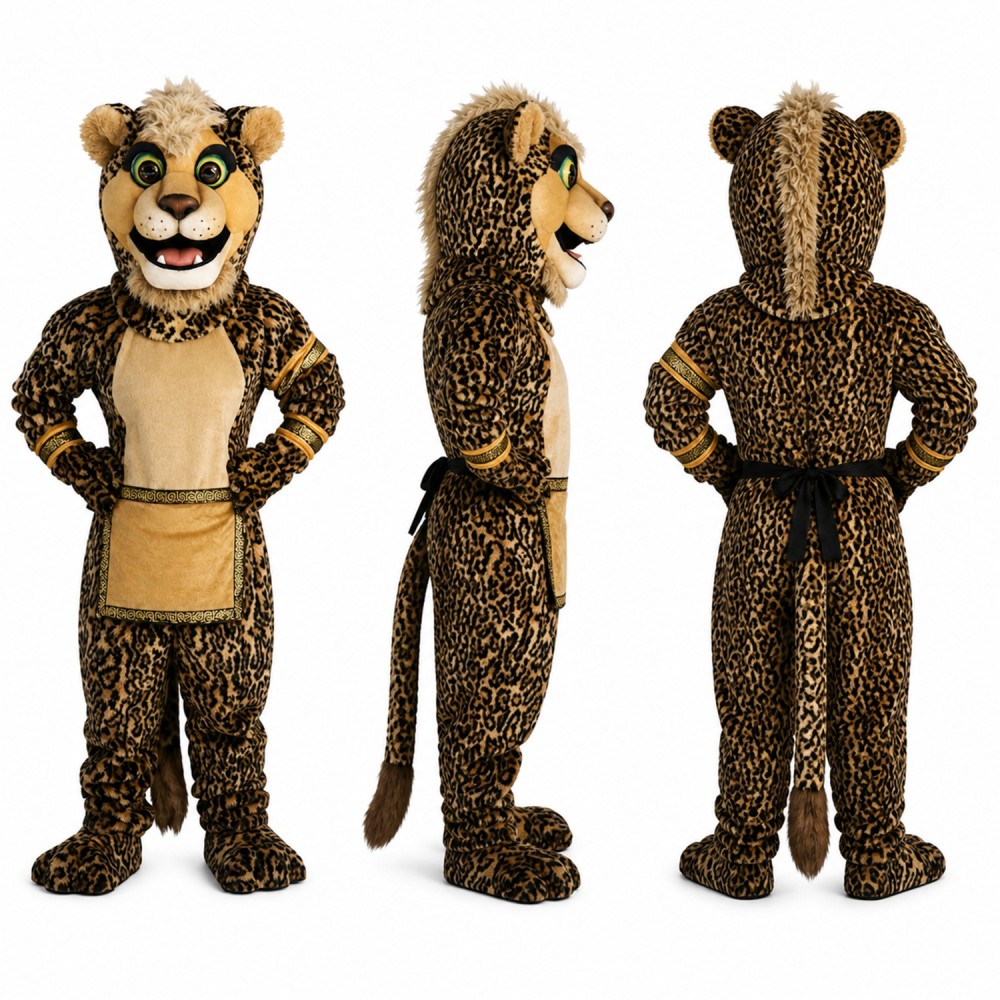 Leopard Mascot Costume with Spotted Fur and Tan Apron Adult Leopard Mascot Costume with Spotted Fur and Tan Apron Adult