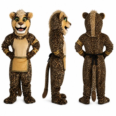Leopard Mascot Costume with Spotted Fur and Tan Apron Adult