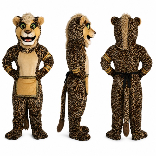 Leopard Mascot Costume with Spotted Fur and Tan Apron Adult