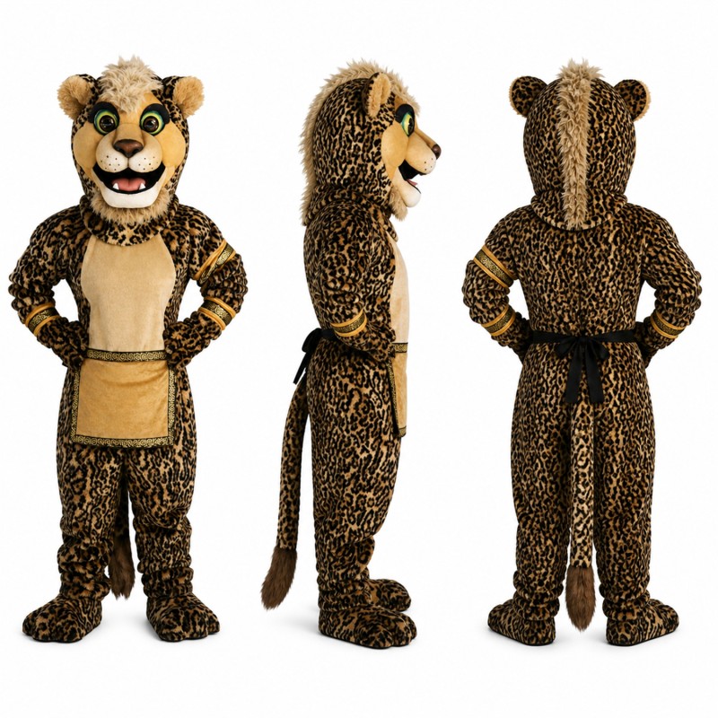 Leopard Mascot Costume with Spotted Fur and Tan Apron Adult