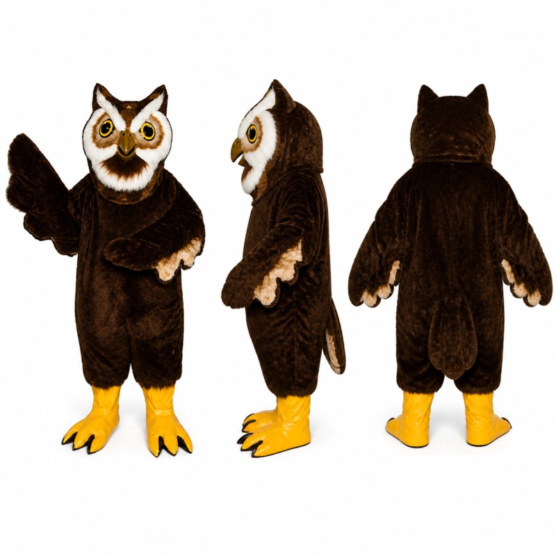 Owl Mascot Costume in Brown with Yellow Eyes and Feet Adult