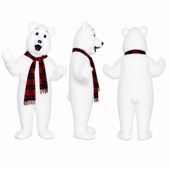Polar Bear Mascot Costume in White with Red Plaid Scarf Adult