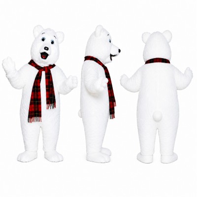 Polar Bear Mascot Costume in White with Red Plaid Scarf Adult