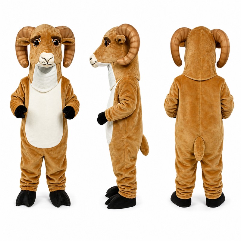 Ram Mascot Costume in Tan with Curled Horns Adult