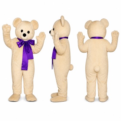 Teddy Bear Mascot Costume in Cream with Purple Bow Adult