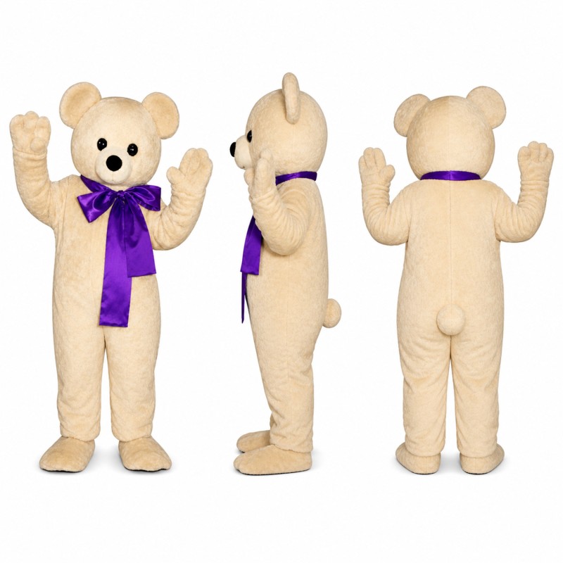 Teddy Bear Mascot Costume in Cream with Purple Bow Adult