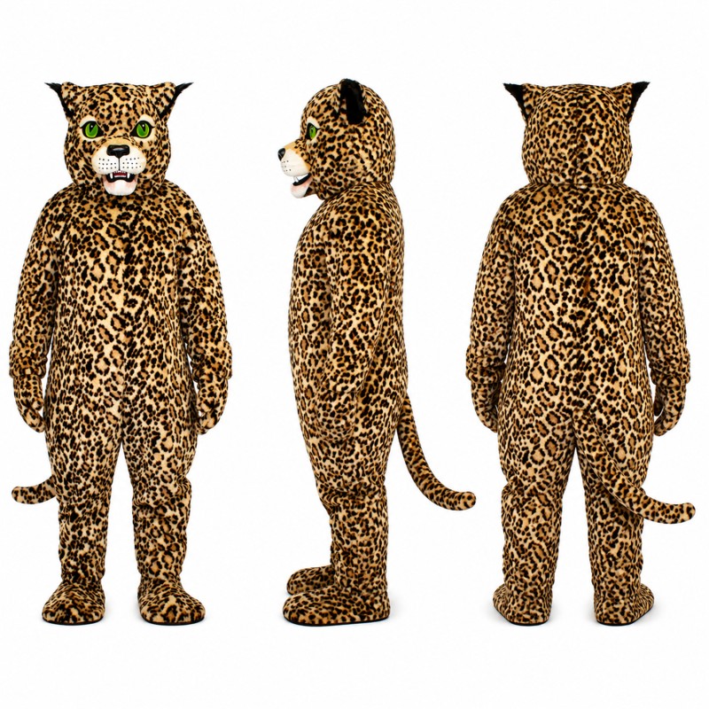 Leopard Mascot Costume with Spotted Fur and Green Eyes Adult