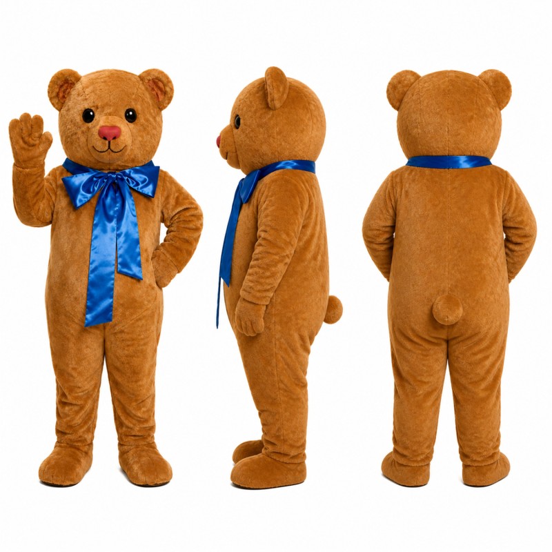Teddy Bear Mascot Costume in Brown with Blue Scarf Adult