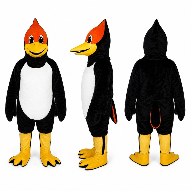 Woodpecker Mascot Costume in Black and White with Red Crest Adult