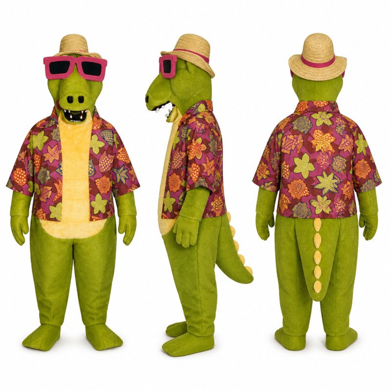 Vacation Crocodile Mascot Costume with Floral Shirt and Sunglasses Adult