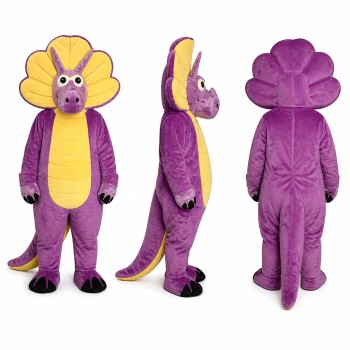 Triceratops Mascot Costume in Purple with Yellow Frill Adult