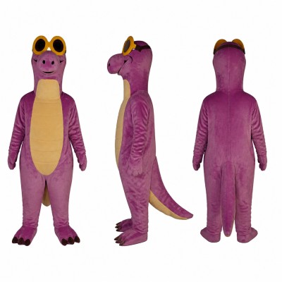 Dinosaur Mascot Costume in Purple with Yellow Belly and Stalk Eyes Adult