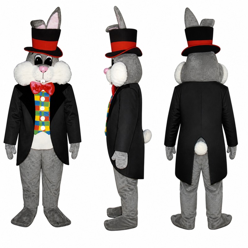 Magician Rabbit Mascot Costume in White with Top Hat and Black Jacket Adult