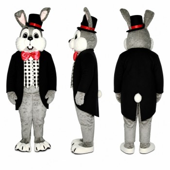 Magician Rabbit Mascot Costume in Gray with Top Hat and Tuxedo Adult