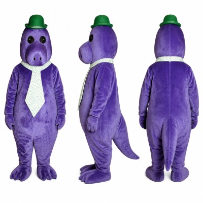 Dinosaur Mascot Costume in Purple with White Tie and Bowler Hat Adult