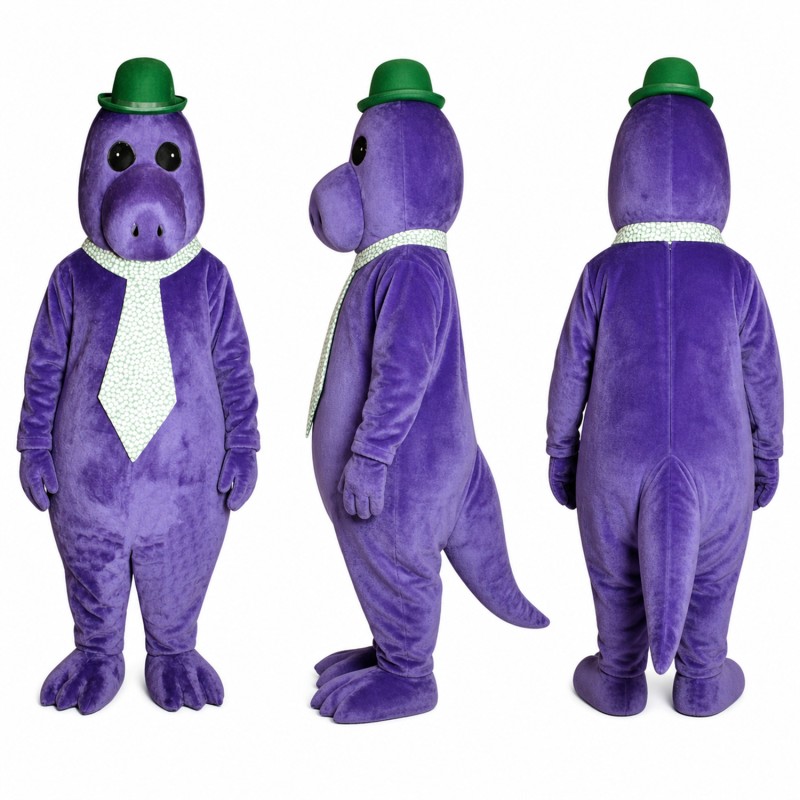 Dinosaur Mascot Costume in Purple with White Tie and Bowler Hat Adult