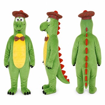 Dinosaur Mascot Costume in Green with Plaid Cap and Bow Tie Adult